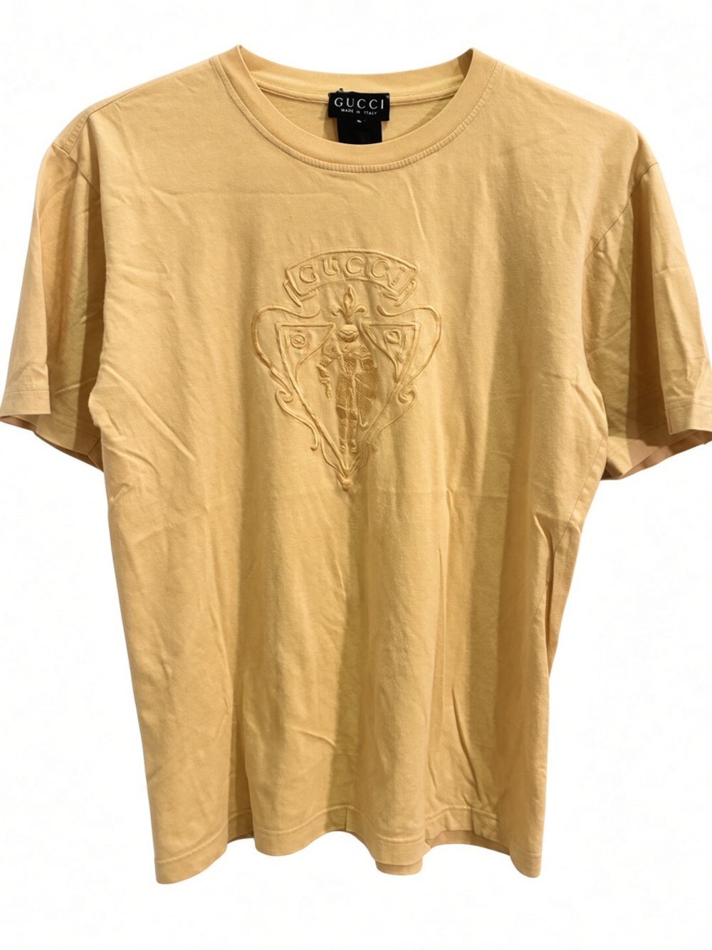 GUCCI 90s ICONIC Yellow T-shirt Embroidered Gucci Crest VTG made in Italy